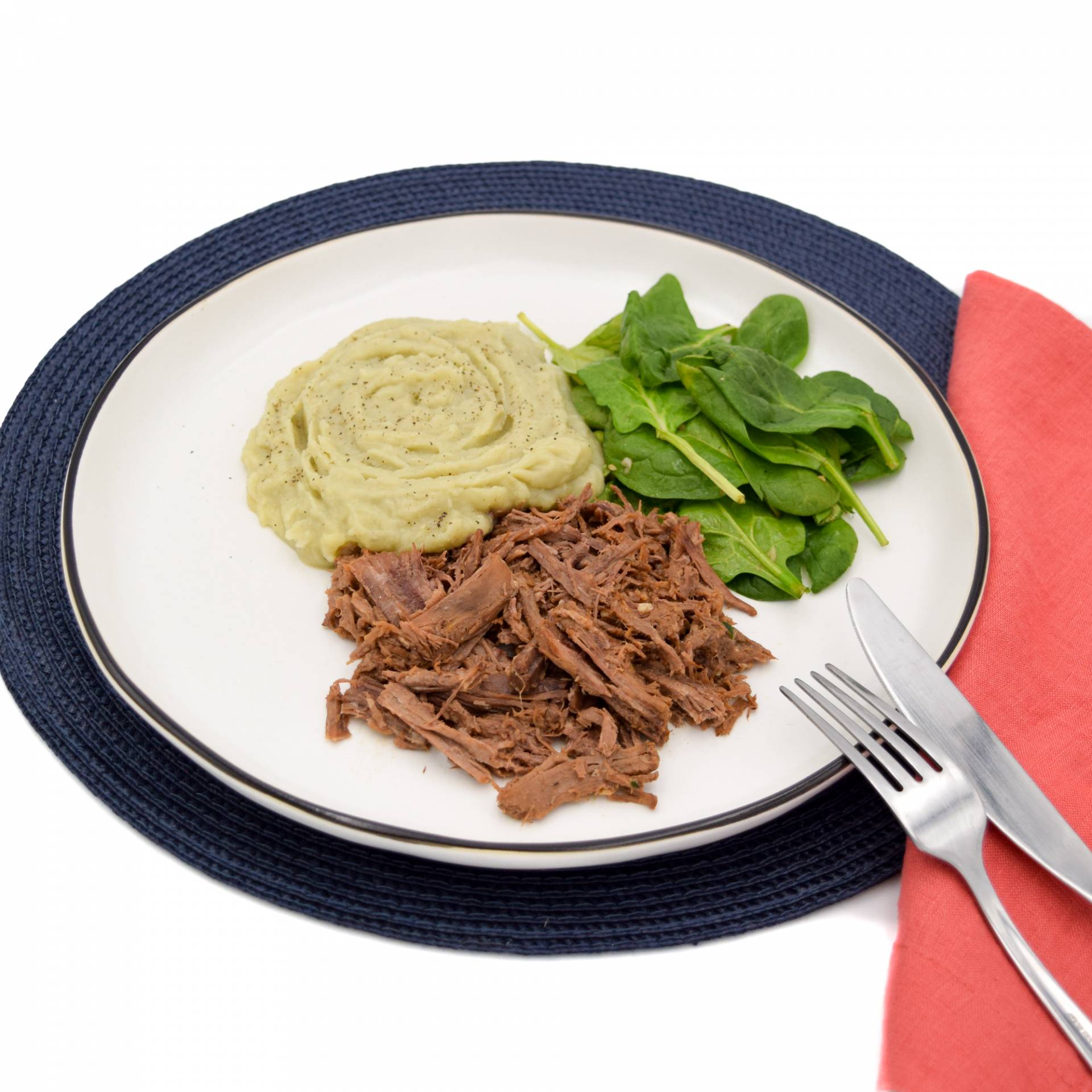 Shredded beef with mashed sweet potatoes and spinach