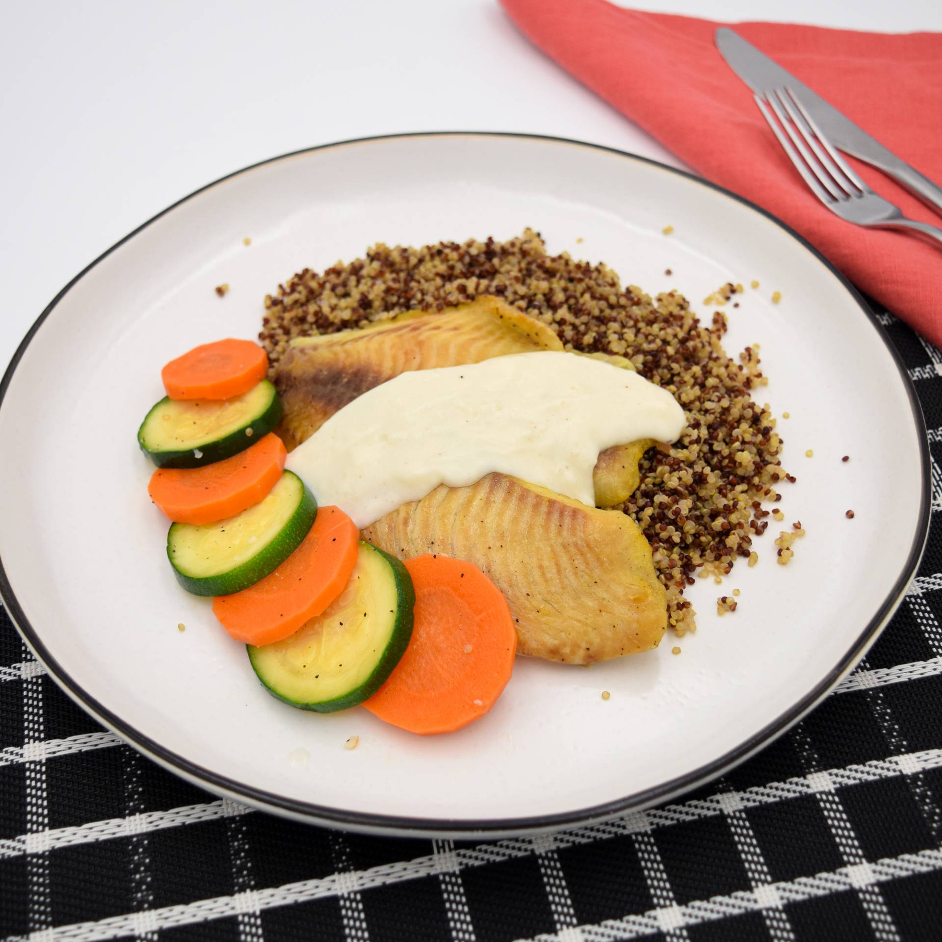 Baked tilapia with mix of quinoa, green beans and carrots